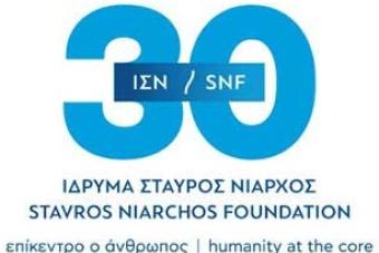 Logo with the numbers 30 in the background and stavros niarchos foundation underneath